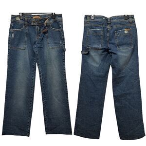 Refuge Y2K Cargo Cotton Distressed Wide Leg Raw Hem Jeans S 11 Vintage Wash Blue